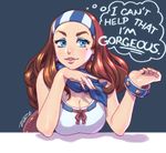  bare_shoulders bliss_barson blue_eyes bracelet breasts brown_hair cleavage cryamore earrings english eyebrows eyeshadow hairband jewelry large_breasts leaning_forward lips long_hair makeup mole neckerchief ring robert_porter sleeveless solo thought_bubble 