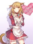  animal_ears apron blonde_hair blush cat_ears cat_tail chocolate chocolate_heart choker dress ear_ornament final_fantasy final_fantasy_xiv happy_valentine heart holding long_hair looking_at_viewer maid miqo'te momoko_(momopoco) red_legwear shadow slit_pupils solo tail thighhighs valentine yellow_eyes 