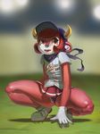  animal_ears baseball_cap baseball_jersey breasts buffalo_bell clothes_writing cow_ears fang gloves hat horns mascot nippon_professional_baseball orix_buffaloes panties panties_aside parted_lips pink_hair pink_skin pleated_skirt purple_panties pussy pussy_peek red_eyes shoes short_hair skirt small_breasts sneakers solo squatting triuni uncensored underwear upskirt white_gloves 