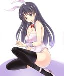  animal_ears black_hair black_legwear blue_eyes blush bunny_ears bunnysuit detached_collar embarrassed fake_animal_ears high_heels highres long_hair looking_at_viewer open_mouth saki saki_achiga-hen shimizudani_ryuuka sitting solo thighhighs wariza wawawa_(hisuterisisusa) wrist_cuffs 