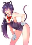  ;d animal_ears attsun_(atsushi_jb) bad_id bad_pixiv_id bangs bare_shoulders bent_over blue_hair bow bowtie breasts cat_ears cat_tail cleavage detached_sleeves fake_animal_ears fake_tail gloves hand_on_hip hand_on_own_thigh kemonomimi_mode kittysuit leotard long_hair looking_at_viewer medium_breasts one_eye_closed open_mouth original playboy_bunny_leotard purple_eyes saotome_jun_(seishun_scrap!) seishun_scrap! simple_background smile solo strapless strapless_leotard tail very_long_hair white_background white_gloves wrist_cuffs 