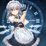  apron bad_id bad_pixiv_id bow braid clock dress fingerless_gloves gloves hair_bow highres holding izayoi_sakuya knife long_hair looking_at_viewer maid maid_headdress papo red_eyes short_braid short_sleeves silver_hair solo touhou twin_braids weapon 