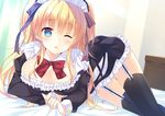  :o arm_support bed bekotarou blonde_hair blue_eyes blush bow breasts cleavage detached_collar dress garter_straps hair_ribbon large_breasts long_hair lying maid maid_headdress moe2015 one_eye_closed open_mouth original ribbon solo thighhighs wrist_cuffs 