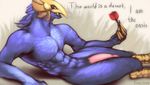  2015 abs anthro avian azir_(league_of_legends) beak bird claws erection flower fur kheltari league_of_legends lying male muscles nude open_mouth pecs penis plant rose solo text tongue video_games 