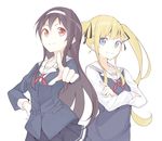  blonde_hair blue_eyes brown_hair collarbone crossed_arms fang hairband kasumigaoka_utaha long_hair long_sleeves multiple_girls nirusuorabu pointing red_eyes saenai_heroine_no_sodatekata sawamura_spencer_eriri school_uniform smile sweater_vest twintails very_long_hair 