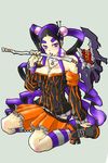  breasts cleavage cross ecchi eyebrows fan_art gift hair_ornament jewelry large_breasts licking long_hair manga_anime necklace original pinup_girl purple_eyes purple_hair skirt striped_legwear 