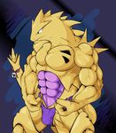 2015 abs abstract_background anthro bell biceps big_muscles claws clothed clothing male mammal muscles nintendo panties pecs pok&eacute;mon scalie shiny_pok&eacute;mon solo standing tyranitar underwear video_games waddledox 