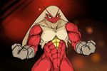  2015 abs abstract_background anthro avian biceps big_muscles bird blaziken blue_eyes butt claws fur hair looking_at_viewer male muscles nintendo pecs pok&eacute;mon smile solo standing video_games waddledox 