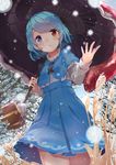  :o alternate_costume blue_hair blush heterochromia highres karakasa_obake long_sleeves open_mouth outdoors outstretched_hand pleated_skirt purple_eyes red_eyes short_hair skirt snow solo tatara_kogasa touhou tree umbrella wild_and_horned_hermit yukizumi_remon 