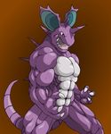  2015 abs anthro biceps big_muscles black_eyes brown_background claws horn male mammal muscles nidoking nintendo open_mouth pecs plain_background pok&eacute;mon scalie sharp_teeth solo standing teeth tongue video_games waddledox 