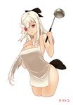  1girl apron bow breasts cleavage cowboy_shot cropped_legs drag-on_dragoon drag-on_dragoon_3 eyepatch flower flower_eyepatch hair_bow highres kuso_otoko ladle large_breasts long_hair naked_apron red_eyes sideboob solo white_hair zero_(drag-on_dragoon) 