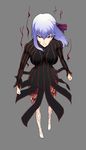  aura barefoot breasts clenched_hands clenched_teeth dark_persona dark_sakura dress fate/stay_night fate_(series) from_above grey_background hair_ribbon highres kuso_otoko large_breasts long_hair looking_at_viewer matou_sakura red_eyes ribbon simple_background solo striped teeth veins vertical_stripes white_hair 