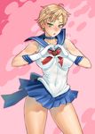  bang-you bishoujo_senshi_sailor_moon blonde_hair blue_choker blue_sailor_collar blue_skirt blush chestnut_mouth chocolate chocolate_heart choker earrings gloves green_eyes heart heart-shaped_pupils heart_hands highres jewelry looking_at_viewer magical_girl parted_lips sailor_collar sailor_senshi_uniform sailor_uranus short_hair skirt solo symbol-shaped_pupils ten'ou_haruka tiara valentine very_short_hair white_gloves 