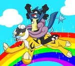  ambiguous_gender black_fur blue_fur canine cloud duo fur glitter lucario mammal nintendo open_mouth outside pok&eacute;mon raikou rainbow sky tan_fur teeth tongue video_games xiamtheferret yellow_fur 