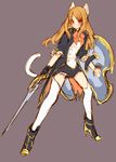  animal_ears brown_hair cat_ears cat_tail high_heels long_hair looking_at_viewer miniskirt original red_eyes shield sketch skirt solo sword tail tailcoat tatami_to_hinoki thighhighs weapon 