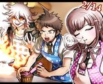  2boys ahoge apron brown_hair burning chocolate chocolate_heart cooking cupcake danganronpa fire food hair_ornament hairclip heart hinata_hajime icing komaeda_nagito laughing multiple_boys nanami_chiaki pink_hair pot sleeping super_danganronpa_2 sweatdrop tezurumozuru translated valentine white_hair yellow_eyes 