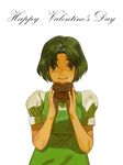  chocolate chocolate_heart english green_hair happy_valentine heart highres looking_at_viewer ranma_1/2 short_hair simple_background smile solo tendou_akane upper_body valentine w9 white_background 