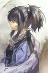  bad_id bad_pixiv_id black_hair blue_eyes haori japanese_clothes koyoi_mitsuki long_hair male_focus ponytail scarf solo tears touken_ranbu white_scarf yamato-no-kami_yasusada 