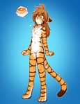  anthro brown_hair chest_tuft fangs feline female flat_chested flora_(twokinds) food fur hair keidran long_hair mammal nipples nude pancake pussy solo tiger tom_fischbach tuft twokinds yellow_eyes 