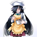  black_hair black_legwear brown_eyes carrying chef_hat chocolate chocolate_making hair_over_one_eye hat hayashimo_(kantai_collection) holding kantai_collection ladle long_hair looking_at_viewer pantyhose school_uniform simple_background solo tk8d32 valentine white_background 