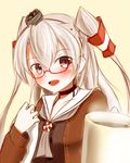  :d amatsukaze_(kantai_collection) bespectacled coffee coffee_mug cup dress glasses hair_tubes headgear kantai_collection long_hair looking_at_viewer mug open_mouth sailor_dress sekino_takehiro silver_hair sketch smile solo steam two_side_up 