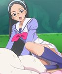  :o arm_support black_hair blue_eyes blue_legwear bow flat_chest glasses go!_princess_precure grass hairband haruyama_kazunori injury kisaragi_reiko kneehighs long_hair long_sleeves looking_at_viewer lying noble_academy_school_uniform on_side open_mouth outdoors outstretched_arms panties pantyshot pantyshot_(lying) precure puff_(go!_princess_precure) rimless_eyewear school_uniform serafuku shirt shoes skirt solo_focus suspender_skirt suspenders underwear very_long_hair white_panties white_skirt 