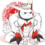 2015 abs abstract_background ambiguous_gender anthro barefoot biceps big_muscles claws collar disembodied_hand duo fur human male mammal muscles nintendo pecs pok&eacute;mon sitting video_games waddledox white_fur zangoose 