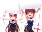  :d armpits arms_up bow bowtie brown_hair bunny_tail bunnysuit detached_collar double_bun green_eyes hanon_(heartofsword) holding holding_sign idolmaster idolmaster_(classic) long_hair minase_iori multiple_girls open_mouth pantyhose red_eyes sign smile tail takatsuki_yayoi thigh_gap wrist_cuffs 