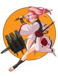  1girl amputee baiken bared_teeth chains claw_(weapon) facial_tattoo foreshortening guilty_gear highres japanese_clothes katana kimono kuso_otoko long_hair one-eyed pink_eyes pink_hair ponytail running sandals scar scar_across_eye solo sword tattoo toeless_socks toes weapon 