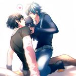  arm_support black_hair blue_hair dog dramatical_murder dual_persona heart kiss male_focus mocchiri_oyaji multiple_boys ren_(dramatical_murder) seragaki_aoba spoken_heart 