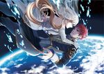  1girl bad_id bad_pixiv_id bare_shoulders blonde_hair blue_eyes bridal_veil dress earth elbow_gloves eye_contact falling gloves highres karasumaru_emu long_hair looking_at_another original red_eyes red_hair short_hair space veil white_gloves 