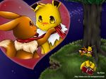  &lt;3 blush brown_eyes brown_fur canine chest_tuft chocolate duo eevee eeveelution eye_contact fur hill holidays jolteon mammal night nintendo outside pok&eacute;mon raier scarf sitting sky tree tuft valentine&#039;s_day video_games yellow_eyes yellow_fur 