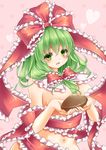  blush bow breasts chocolate chocolate_heart frills front_ponytail green_eyes green_hair hair_bow hair_ribbon heart kagiyama_hina large_breasts long_hair looking_at_viewer nude ribbon solo tamichan touhou 