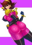  abstract_background ass bodysuit breasts brown_hair covered_nipples earrings from_behind g_gundam gundam highres jewelry large_breasts light_smile looking_at_viewer looking_back mobile_trace_suit pink_bodysuit rain_mikamura shiny shiny_clothes shiva_(johan-s) short_hair skin_tight solo thighs 