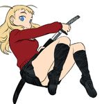  antenna_hair black_legwear blonde_hair blue_eyes jubei-chan katana kneehighs loafers scabbard secret_of_the_lovely_eyepatch sheath shoes skirt smile solo sweater sword tsukudani_(coke-buta) unsheathing weapon yagyuu_freesia 