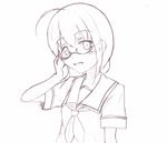  :d ahoge braid comic glasses hair_ribbon highres kantai_collection looking_at_viewer monochrome neckerchief open_mouth ribbon school_uniform sekino_takehiro serafuku shigure_(kantai_collection) sketch smile solo traditional_media 