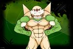  2015 abs abstract_background anthro biceps big_muscles butt chesnaught fangs looking_at_viewer male muscles nintendo orange_eyes pecs pok&eacute;mon red_nose smile solo standing video_games waddledox 