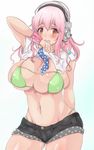  blush breasts headphones huge_breasts navel necktie nitroplus open_mouth pink_hair polka_dot ponzu_yuki red_eyes short_hair shorts solo super_sonico 