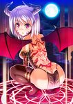  ass back_tattoo bad_id bad_pixiv_id butt_crack chain_chronicle demon_girl demon_wings facial_mark fantasy from_behind full_moon higa high_heels horns lavender_hair loincloth looking_back moon pelvic_curtain red_eyes short_hair solo squatting tattoo thighhighs wings 