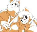  canine cat clothed clothing eyewear feline glasses happy jacket kemono looking_at_viewer male mammal manmosu_marimo monochrome peace_sign plain_background selfie shota smile white_background wolf young 