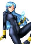 1girl abs absurdres arikawa blue_hair blush bodysuit boots breasts chaps crystal erect_nipples eyes_closed highres king_of_fighters kula_diamond legs long_hair muscle simple_background small_breasts smile solo standing thighs toned white_background 