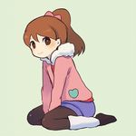  ayu_(mog) black_legwear blush bright_pupils brown_eyes brown_hair heart kodama_fumika long_hair looking_at_viewer lowres pantyhose ponytail sitting smile solo white_pupils youkai youkai_watch 