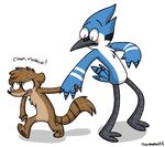  avian bird blue_jay blush cartoon_network english_text male mammal mordecai_(regular_show) plain_background raccoon regular_show rigby_(regular_show) size_difference text xiamtheferret 