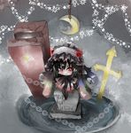  black_hair black_legwear blush bonnet bow chain coffee crescent_moon cross frills from_above gothic_lolita grave horns isolated_island_oni kantai_collection lolita_fashion long_hair moon pantyhose red_eyes shinkaisei-kan smile solo takanashi_hiyori tombstone very_long_hair white_skin 