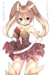  animal_ears bare_shoulders between_breasts blush breasts brown_eyes brown_hair bunny_ears chocolate_bar choker covered_navel cowboy_shot dress frilled_dress frills gen_4_pokemon highres kuro_guren long_hair lopunny open_mouth personification pokemon solo white_background 