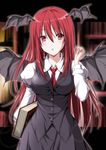  :o blurry blush bokeh book breasts demon_wings depth_of_field head_wings highres holding holding_book koakuma long_hair medium_breasts necktie nori_tamago open_mouth red_eyes red_hair red_neckwear solo touhou wings 