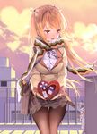  bag blonde_hair bow breasts cat chocolate chocolate_heart hair_bow heart long_hair looking_away medium_breasts multicolored multicolored_clothes multicolored_scarf open_mouth pantyhose plaid plaid_skirt red_eyes rooftop rozer scarf school_bag school_uniform skirt solo unleashed valentine waiting 