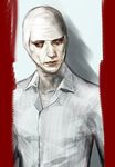  bandaged_head bandages blue_background brown_eyes buttons closed_mouth collared_shirt dress_shirt lips long_sleeves looking_to_the_side male_focus mugikoma pillarboxed red_lips ruvik shirt simple_background smile solo striped striped_shirt the_evil_within upper_body vertical-striped_shirt vertical_stripes wing_collar 