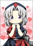  black_border blue_eyes blush border braid chibi clenched_hands hat heart heart_background highres long_hair looking_at_viewer nurse_cap pink_background silver_hair single_braid skirt skirt_set smile solo touhou usagi_koushaku yagokoro_eirin 