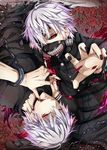  black_sclera blood cuffs flower handcuffs kagune_(tokyo_ghoul) kaneki_ken kaya_(hydego) male_focus mask red_eyes solo tokyo_ghoul torn_clothes white_hair 